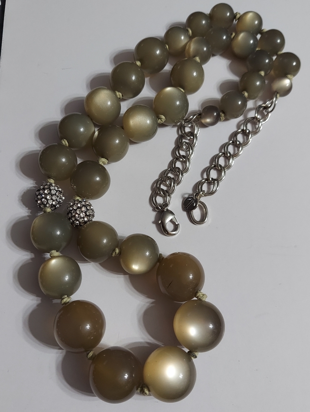 Talbot's Silver/Olive-Grey Hand Knotted Swarovski Accent Bead Statement Necklace